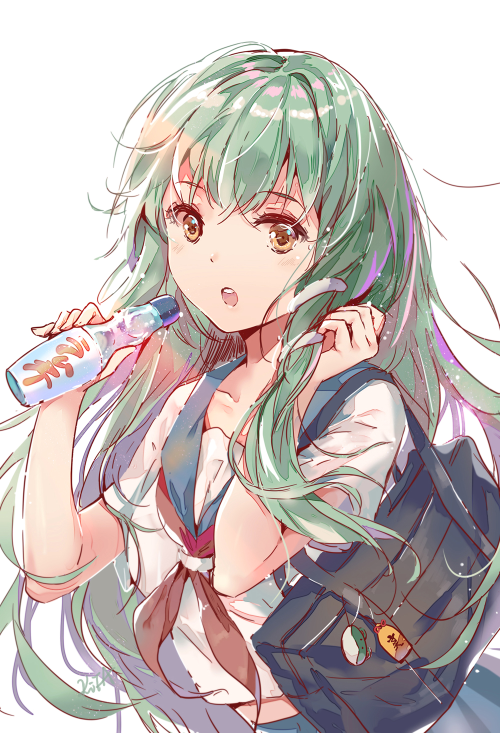 :o alternate_costume alternate_eye_color artist_name bag blue_skirt blush bottle breasts brown_eyes collarbone commentary_request contemporary elise_(piclic) eyebrows_visible_through_hair green_hair hair_ornament hands_up highres holding holding_bag holding_bottle kochiya_sanae light_particles long_hair looking_at_viewer medium_breasts midriff_peek open_mouth red_neckwear sailor_collar school_bag school_uniform serafuku short_sleeves signature simple_background single_sidelock skirt snake_hair_ornament solo touhou very_long_hair white_background white_serafuku