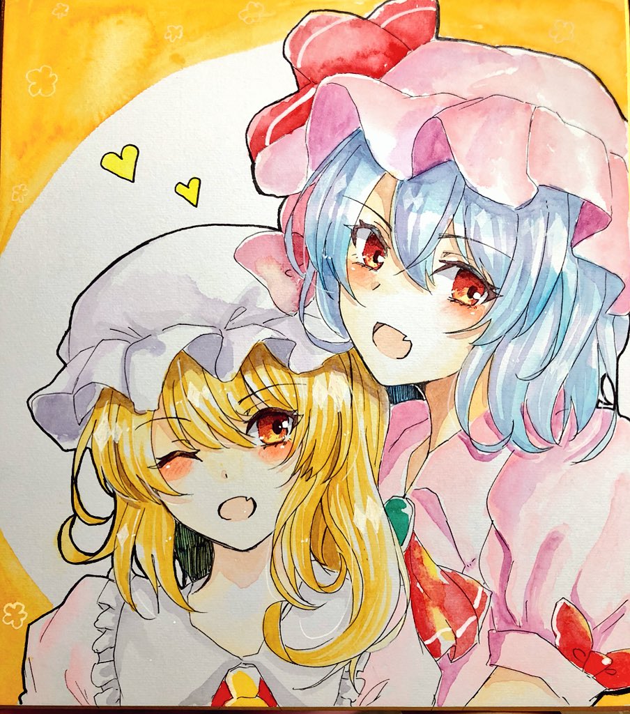 2girls :d ascot blonde_hair blue_hair blush dress eyebrows_visible_through_hair fang flandre_scarlet hair_between_eyes hat hat_ornament heart looking_at_viewer mob_cap multiple_girls one_eye_closed open_mouth photo pink_dress pink_hat puffy_short_sleeves puffy_sleeves red_eyes red_neckwear remilia_scarlet short_sleeves siblings sisters smile tanaji touhou traditional_media white_hat yellow_background yellow_neckwear