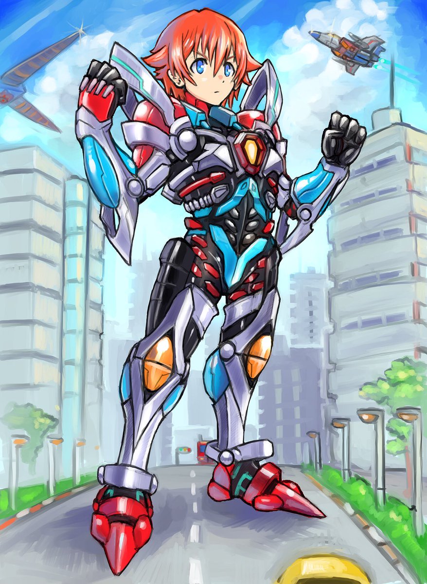 bangs blue_eyes blue_sky bodysuit breastplate cloud cosplay curtains full_body gridman_(ssss) gridman_(ssss)_(cosplay) hibiki_yuuta highres looking_at_viewer male_focus oomasa_teikoku open_mouth outside_border red_hair short_hair sky smile solo ssss.gridman