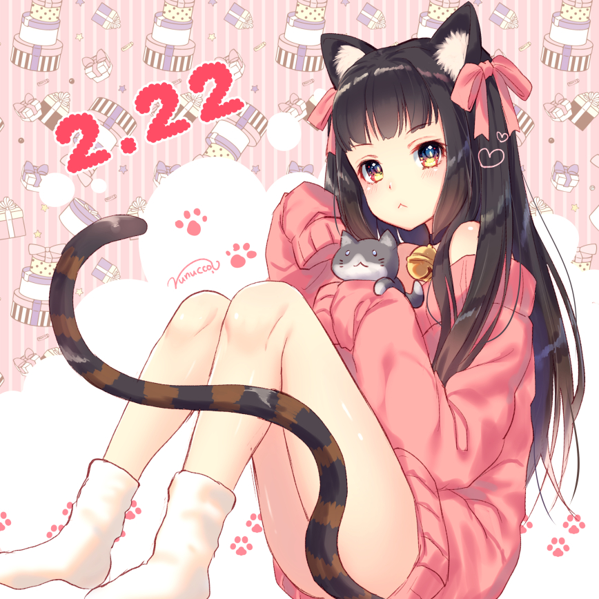 :&lt; animal animal_ears bad_id bad_pixiv_id bare_shoulders bell blush bow brown_eyes brown_hair cat cat_ears cat_girl cat_tail closed_mouth hair_bow hair_ornament heart heart_hair_ornament jingle_bell long_hair long_sleeves looking_at_viewer no_shoes nunucco off_shoulder original pink_bow pink_sweater signature sitting sleeves_past_fingers sleeves_past_wrists socks solo striped striped_background striped_tail sweater tail tail_censor tail_raised vertical-striped_background vertical_stripes very_long_hair white_legwear