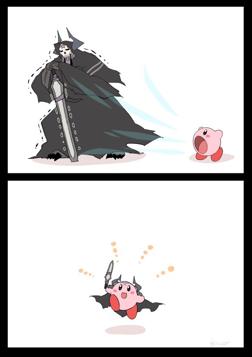 2koma armor black_cloak comic commentary_request copy_ability eiri_(eirri) fate/grand_order fate_(series) glowing glowing_eyes horns king_hassan_(fate/grand_order) kirby kirby_(series) open_mouth skull skull_mask spikes sword transformation weapon white_background