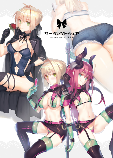 arm_up artoria_pendragon_(all) artoria_pendragon_(swimsuit_rider_alter) artoria_pendragon_(swimsuit_rider_alter)_(cosplay) bandeau bangs bikini black_bow black_jacket black_legwear black_skirt blonde_hair blue_eyes blush bow braid closed_mouth coat commentary_request cosplay curled_horns dragon_girl dragon_horns dragon_tail elizabeth_bathory_(fate) elizabeth_bathory_(fate)_(all) eyebrows_visible_through_hair fate/grand_order fate_(series) florence_nightingale_(fate/grand_order) florence_nightingale_(fate/grand_order)_(cosplay) flower french_braid gloves green_bikini green_eyes green_gloves grey_background hair_bow hair_bun hair_intakes holding holding_flower horns jacket jacket_on_shoulders lingerie long_hair looking_at_viewer miniskirt mordred_(fate) mordred_(fate)_(all) multiple_girls nero_claudius_(fate) nero_claudius_(fate)_(all) panties pencil_skirt pink_hair pointy_ears red_flower ritsuki rose saber_alter short_shorts shorts shrug_(clothing) sidelocks simple_background skirt smile swimsuit syringe tail thighhighs trick_or_treatment two_side_up underwear