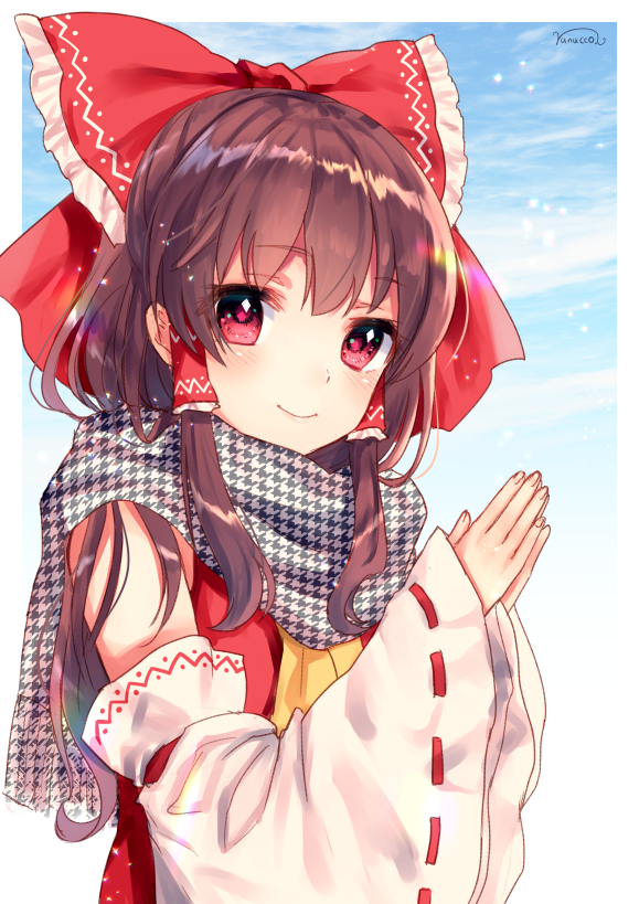 artist_name ascot bad_id bad_pixiv_id bare_shoulders blue_sky blush brown_hair cloud commentary_request day detached_sleeves eyebrows_visible_through_hair gradient gradient_background hair_tubes hakurei_reimu long_hair long_sleeves looking_at_viewer nunucco own_hands_together palms_together red_eyes ribbon-trimmed_sleeves ribbon_trim scarf sidelocks signature sky smile solo touhou unmoving_pattern upper_body white_background wide_sleeves yellow_neckwear