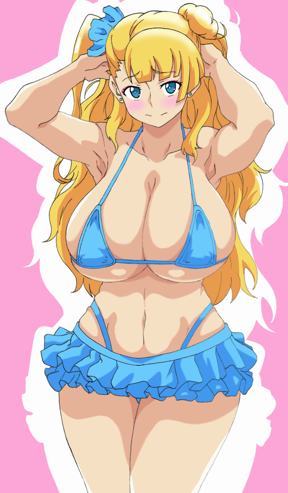 armpits arms_up asymmetrical_hair bare_shoulders bikini blue_bikini blue_eyes blush breasts cleavage closed_mouth collarbone color_trace colorized commentary_request eyebrows_visible_through_hair frilled_bikini frills galko gyaru hair_ornament hair_scrunchie highres huge_breasts kogal legs_together long_hair looking_at_viewer micro_bikini mitarashi_o navel one_side_up oshiete!_galko-chan scrunchie shiny shiny_hair shiny_skin side_bun skindentation solo standing swimsuit underboob