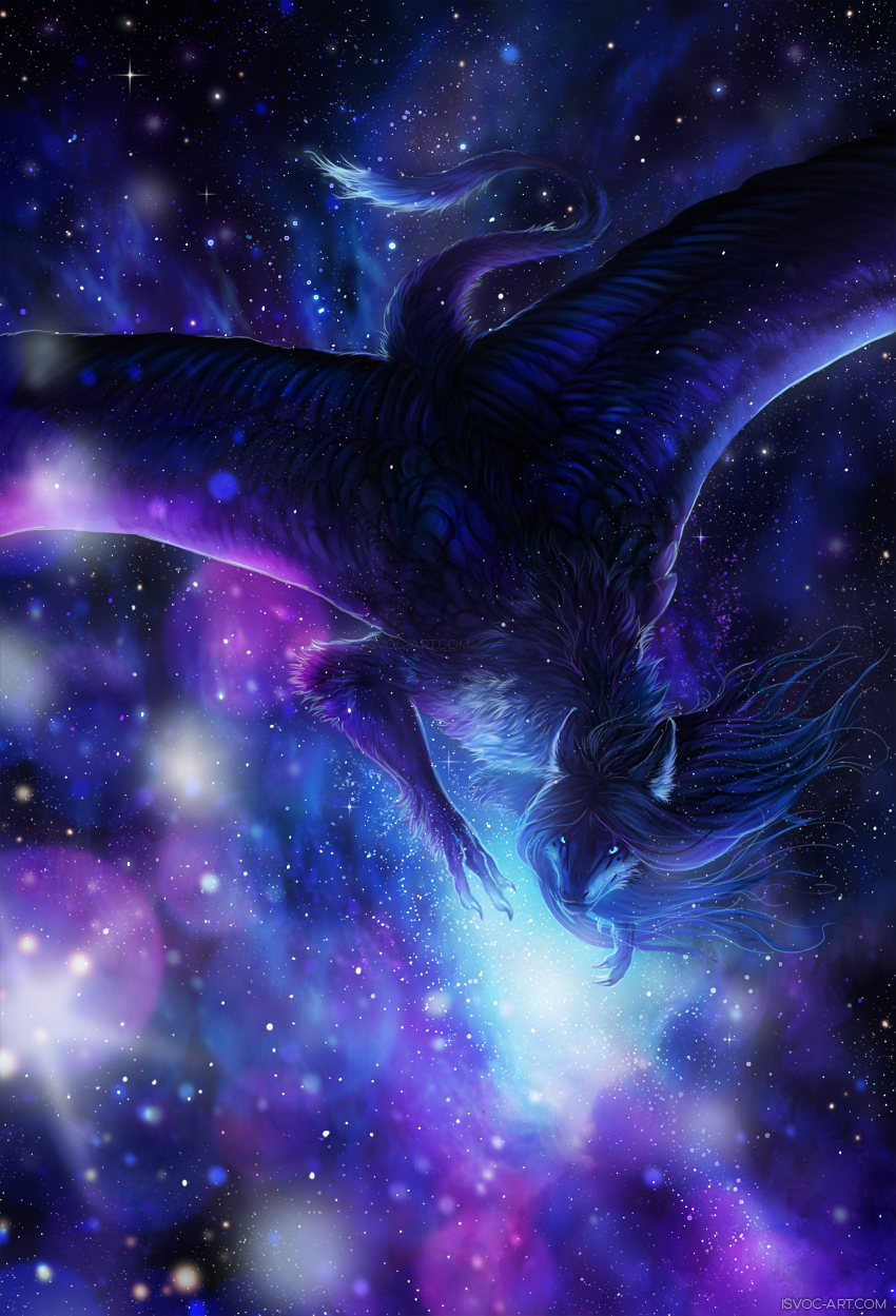 2018 blue_feathers blue_hair cosmic_background detailed_background digital_media_(artwork) dragon feathered_wings feathers female feral fur furred_dragon hair isvoc solo wings