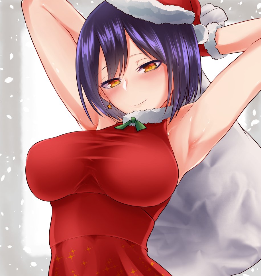 1girl armpits arms_behind_head arms_up bangs blue_hair blush breasts commentary earrings fur_trim gloves hat holding holding_sack jewelry large_breasts looking_at_viewer nijisanji red_gloves rikosyegou sack santa_costume santa_hat shizuka_rin short_hair sleeveless smile solo star star_earrings upper_body virtual_youtuber yellow_eyes