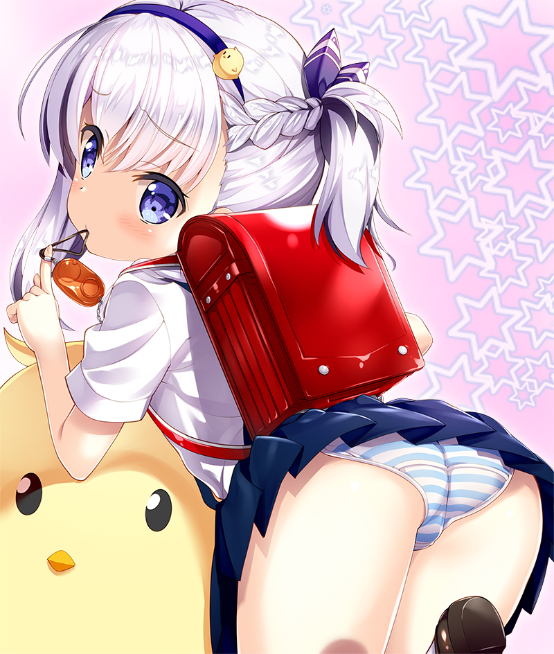 ass azur_lane backpack bag bangs belchan_(azur_lane) belfast_(azur_lane) blue_eyes blue_ribbon blue_skirt blush braid brown_footwear closed_mouth commentary_request crime_prevention_buzzer eyebrows_visible_through_hair fingernails fujima_takuya hair_between_eyes hair_ribbon head_tilt index_finger_raised looking_at_viewer looking_back mouth_hold one_side_up panties pink_background pleated_skirt randoseru revision ribbon shirt shoe_soles shoes short_sleeves silver_hair skirt solo standing standing_on_one_leg star striped striped_panties striped_ribbon translation_request underwear white_shirt younger