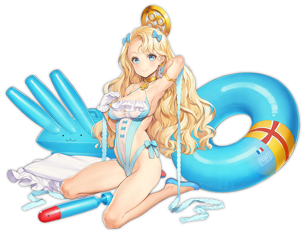 adapted_costume aqua_bow aqua_eyes aqua_footwear aqua_swimsuit arm_behind_back arm_up armlet armpits azur_lane bangs bare_arms bare_legs bare_shoulders blonde_hair bow breasts buoy cannon choker cleavage collarbone covered_navel cross emile_bertin_(azur_lane) french_flag frilled_swimsuit frills full_body gloves hair_bow hair_ornament halterneck hand_up highleg highleg_swimsuit long_hair looking_at_viewer medium_breasts official_art ooyari_ashito parted_bangs polka_dot polka_dot_swimsuit ribbon ribs seiza sitting smile solo swimsuit torpedo transparent_background turret wavy_hair white_gloves