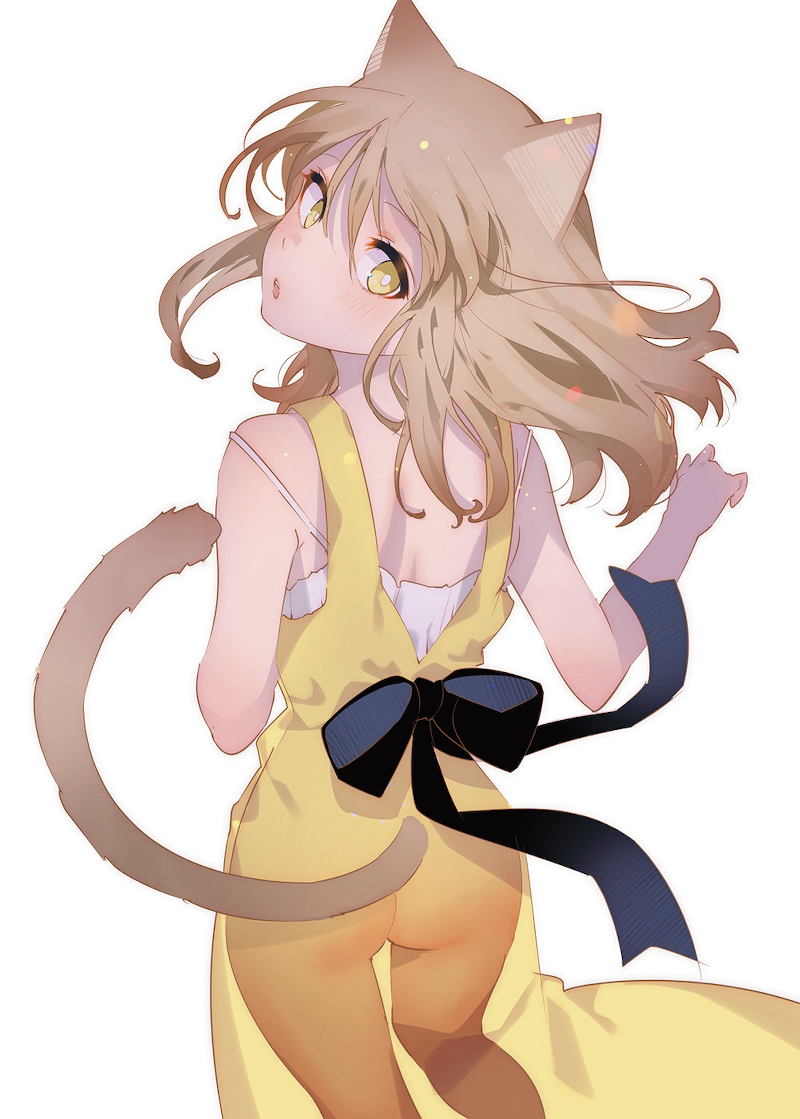 animal_ears arutera ass banned_artist blush bright_pupils brown_hair cat_ears cat_tail dress from_above from_behind long_dress medium_hair original parted_lips see-through_silhouette sidelocks simple_background solo strap_slip tail white_background white_pupils yellow_dress yellow_eyes