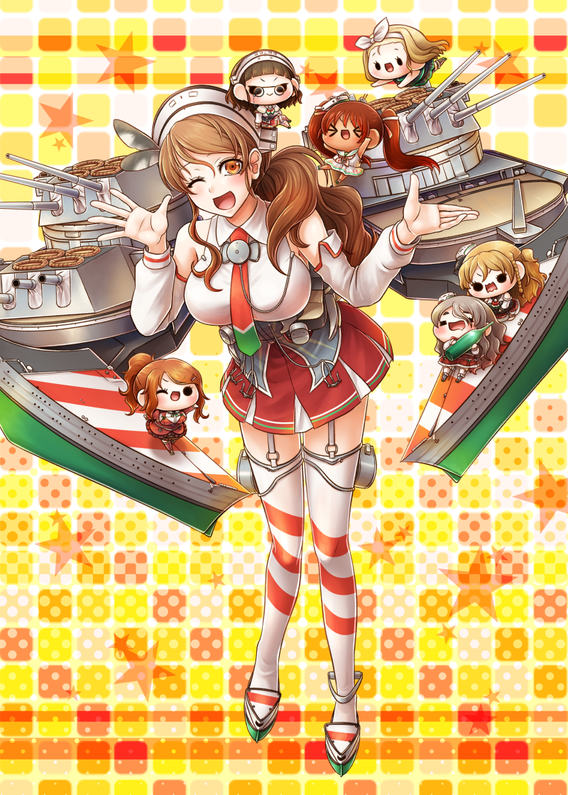 &gt;_&lt; alcohol anchor aquila_(kantai_collection) armor ascot bare_shoulders black_skirt blonde_hair boots bottle bow bowtie braid breasts brown_eyes brown_hair cannon capelet checkered checkered_background chibi collared_shirt corset detached_sleeves dress drunk french_braid full_body garter_straps glasses green_eyes green_ribbon grey_hair hairband hat headdress headgear high_ponytail inflatable_raft italy jacket juliet_sleeves kantai_collection large_breasts layered_skirt libeccio_(kantai_collection) littorio_(kantai_collection) long_hair long_sleeves luigi_torelli_(kantai_collection) machinery mast minigirl miniskirt multiple_girls necktie one-piece_swimsuit one_eye_closed open_mouth orange_hair peaked_cap pince-nez pleated_skirt pola_(kantai_collection) ponytail puffy_sleeves red_jacket remodel_(kantai_collection) ribbon roma_(kantai_collection) sailor_dress shirt short_hair skirt sleeveless sleeveless_dress sleeveless_shirt smile star starry_background swimsuit thighhighs turret twintails wavy_hair wetsuit white_legwear white_shirt yumaru_(marumarumaru) zara_(kantai_collection)