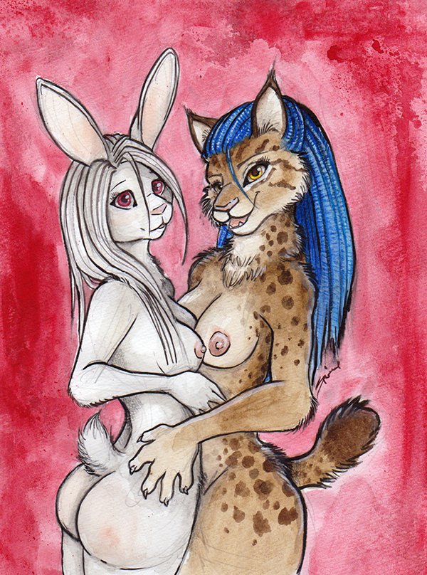 2018 anthro blue_hair bobcat breast_squish breasts breasts_frottage butt cheek_tuft dipstick_tail dreadlocks duo ear_tuft feline female female/female fur hair hand_on_hip inner_ear_fluff lagomorph looking_at_viewer mammal multicolored_tail nipples open_mouth open_smile predator/prey purple_eyes rabbit shiverz simple_background smile spots spotted_fur tuft yellow_eyes