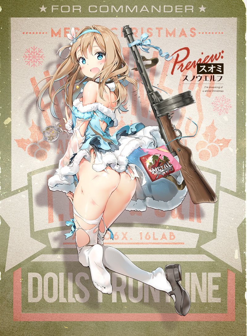 alternate_costume arm_warmers ass bangs bare_back bauble black_footwear blonde_hair blue_dress blue_eyes blue_hairband blue_jacket blush bow breasts choker closed_mouth commentary_request dress eyebrows_visible_through_hair feet fur_collar fur_trim girls_frontline gun hair_between_eyes hair_ornament hairband jacket light_brown_hair medium_breasts no_panties off_shoulder official_art ribbon shoes single_shoe snowflake_hair_ornament soles solo submachine_gun suomi_kp/-31 suomi_kp31_(girls_frontline) thighhighs torn_clothes torn_legwear weapon white_legwear