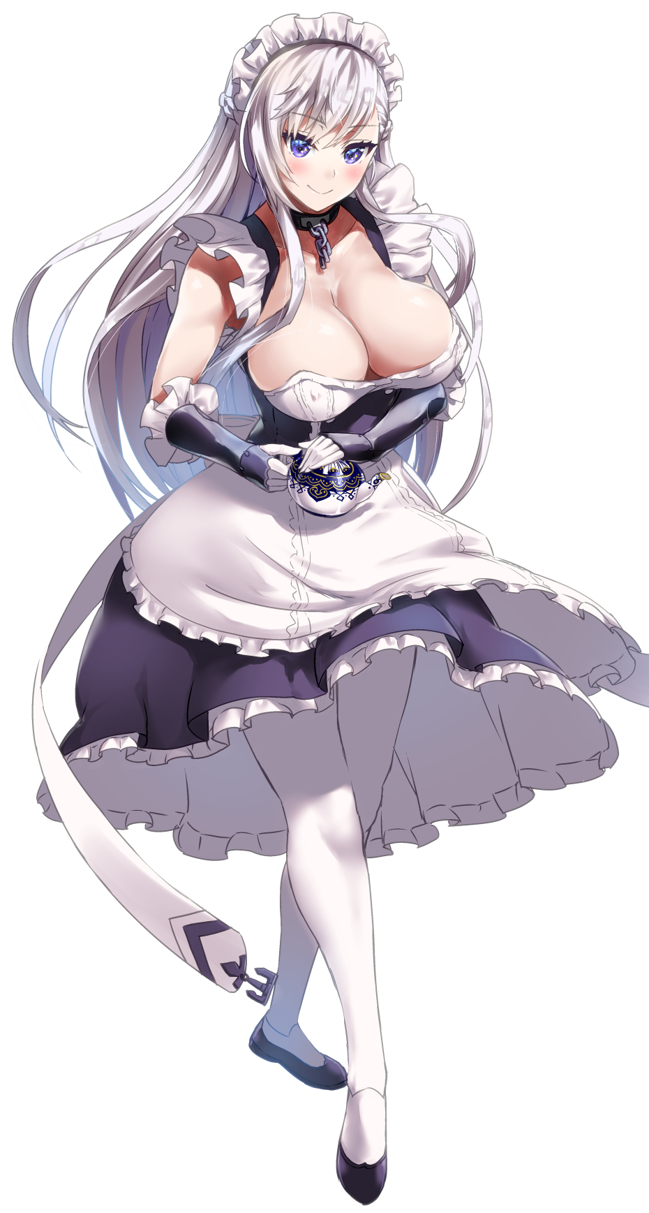 apron azur_lane bangs belfast_(azur_lane) black_footwear blue_eyes blush braid breasts chain cleavage closed_mouth collar collarbone crossed_legs d_kurouri dress elbow_gloves eyebrows_visible_through_hair french_braid frilled_gloves frills full_body gloves highres holding_teapot large_breasts loafers long_hair looking_at_viewer maid maid_headdress pantyhose shoes sidelocks silver_hair simple_background skindentation smile solo watson_cross white_background white_gloves white_legwear