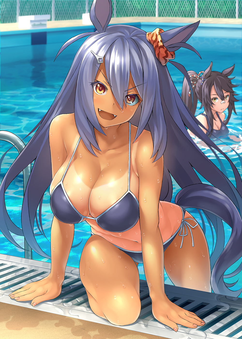 :d animal_ears arm_support bandaid bandaid_on_nose bikini blue_bikini blue_hair breasts brown_hair cleavage commentary_request dark_blue_hair drain_(object) fangs hair_between_eyes hair_ornament hairclip highres hishi_amazon horse_ears horse_tail kuro_oolong large_breasts leaning_forward long_hair looking_at_viewer multiple_girls narita_brian navel one-piece_tan open_mouth partially_submerged ponytail pool pool_ladder poolside side-tie_bikini sidelocks smile swimsuit tail tan tanline umamusume v-shaped_eyebrows very_long_hair wet wet_hair yellow_eyes