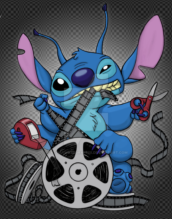 2009 4_arms 4_fingers alien antennae bite black_eyes blue_claws blue_fur blue_nose blue_pawpads catchawavegraphix chest_tuft claws dipstick_antennae disney distracting_watermark experiment_(species) film film_reel fur grin head_tuft holding_object lilo_and_stitch looking_at_viewer mixed_media multi_arm multi_limb notched_ear pattern_background pawpads scissors simple_background smile solo stitch tape tuft watermark