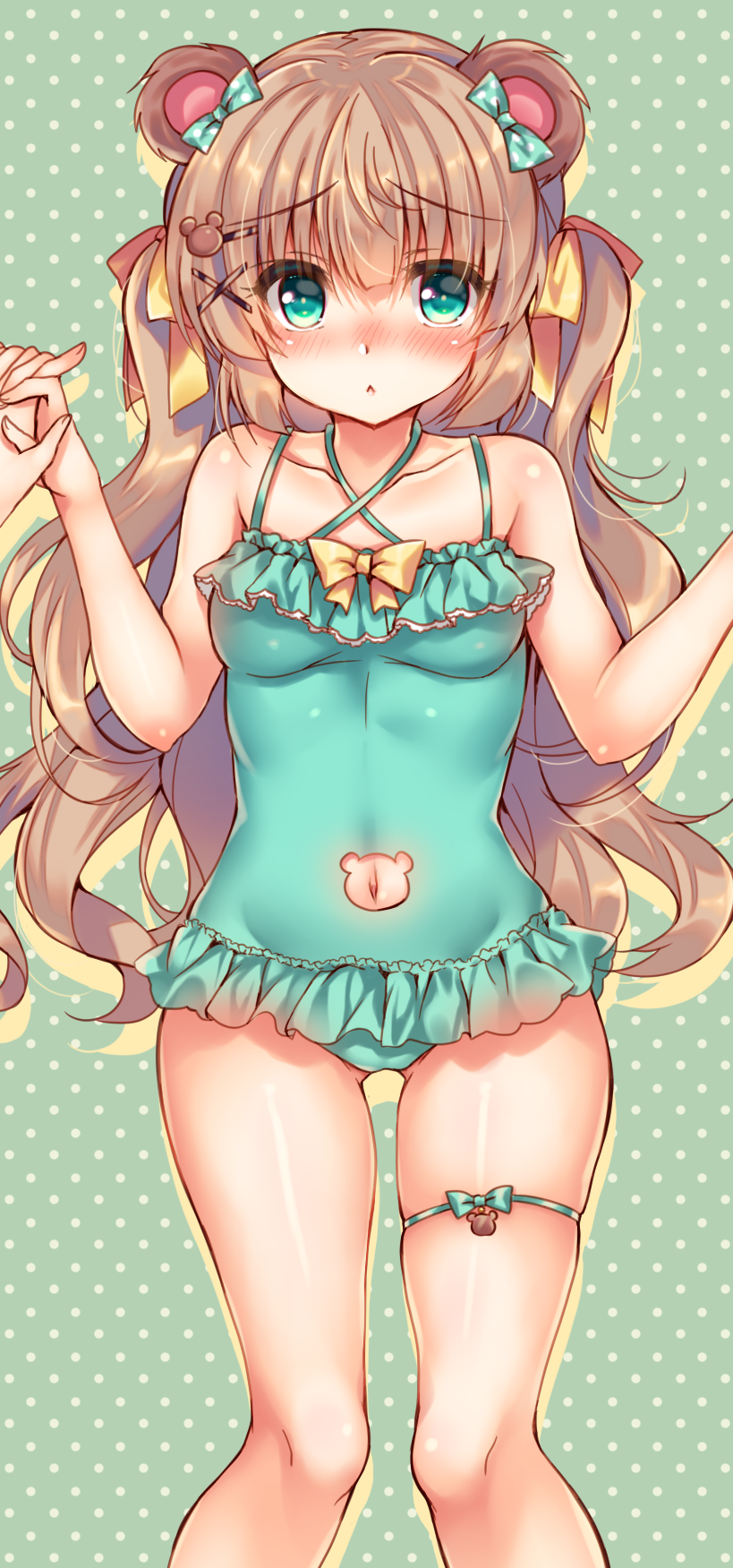 :&lt; animal_ears aqua_bow aqua_eyes aqua_ribbon aqua_swimsuit bangs bare_arms bare_shoulders bear_ears bear_girl blush bow breasts brown_hair casual_one-piece_swimsuit closed_mouth collarbone criss-cross_halter eyebrows_visible_through_hair fingernails frilled_swimsuit frills green_background hair_between_eyes hair_bow hair_ornament hair_ribbon hairclip halterneck hands_up highres holding_hands interlocked_fingers long_hair looking_at_viewer multiple_girls navel navel_cutout nose_blush one-piece_swimsuit original out_of_frame polka_dot polka_dot_background polka_dot_bow ribbon shiny shiny_hair shiny_skin sidelocks small_breasts standing suzune_rena swimsuit thigh_ribbon very_long_hair x_hair_ornament yellow_bow yellow_ribbon