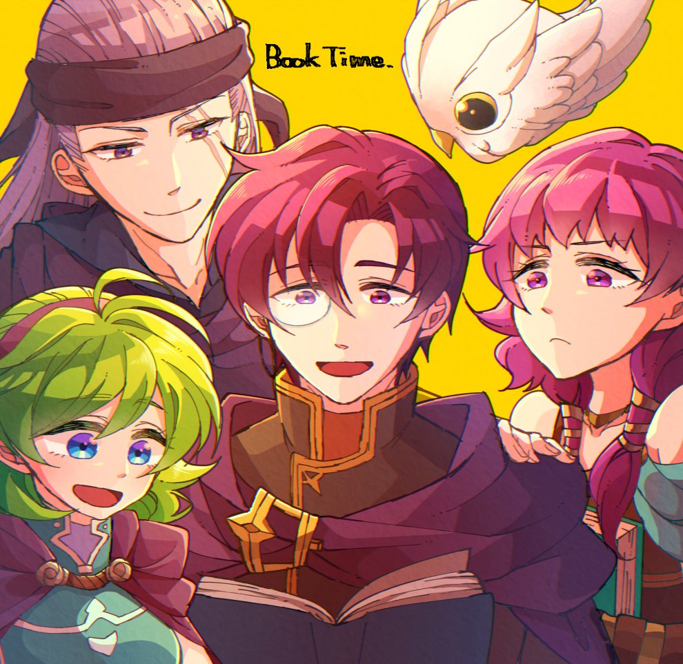 2girls bare_shoulders black_headband blue_eyes book canas cape closed_mouth commentary_request feh_(fire_emblem_heroes) fire_emblem fire_emblem:_rekka_no_ken fire_emblem:_seima_no_kouseki fire_emblem_heroes green_hair hairband headband holding holding_book hzk_(ice17moon) jewelry legault long_hair lute_(fire_emblem) monocle multiple_boys multiple_girls necklace nino_(fire_emblem) open_book open_mouth purple_eyes purple_hair purple_hairband scar scar_across_eye short_hair simple_background smile twintails yellow_background