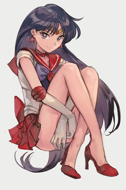 bishoujo_senshi_sailor_moon black_hair bow choker convenient_arm earrings elbow_gloves full_body gloves grey_eyes hankuri high_heels hino_rei invisible_chair jewelry knees_up long_hair looking_at_viewer pleated_skirt purple_bow red_footwear red_sailor_collar red_skirt red_star sailor_collar sailor_mars sailor_senshi_uniform simple_background sitting skirt solo star star_earrings white_background white_gloves