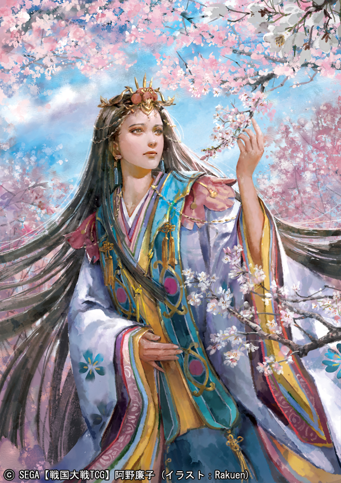 blue_sky branch brown_eyes cherry_blossoms day earrings houjyoh jewelry long_hair looking_to_the_side official_art outdoors sengoku_taisen sky solo standing tiara very_long_hair wide_sleeves