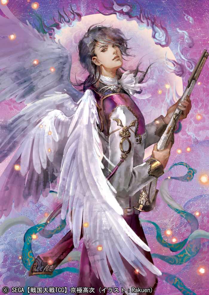 angel_wings artist_name copyright_name grey_hair gun holding holding_gun holding_weapon houjyoh long_hair looking_at_viewer male_focus official_art purple_background rifle sengoku_taisen solo standing watermark weapon white_neckwear white_wings wings