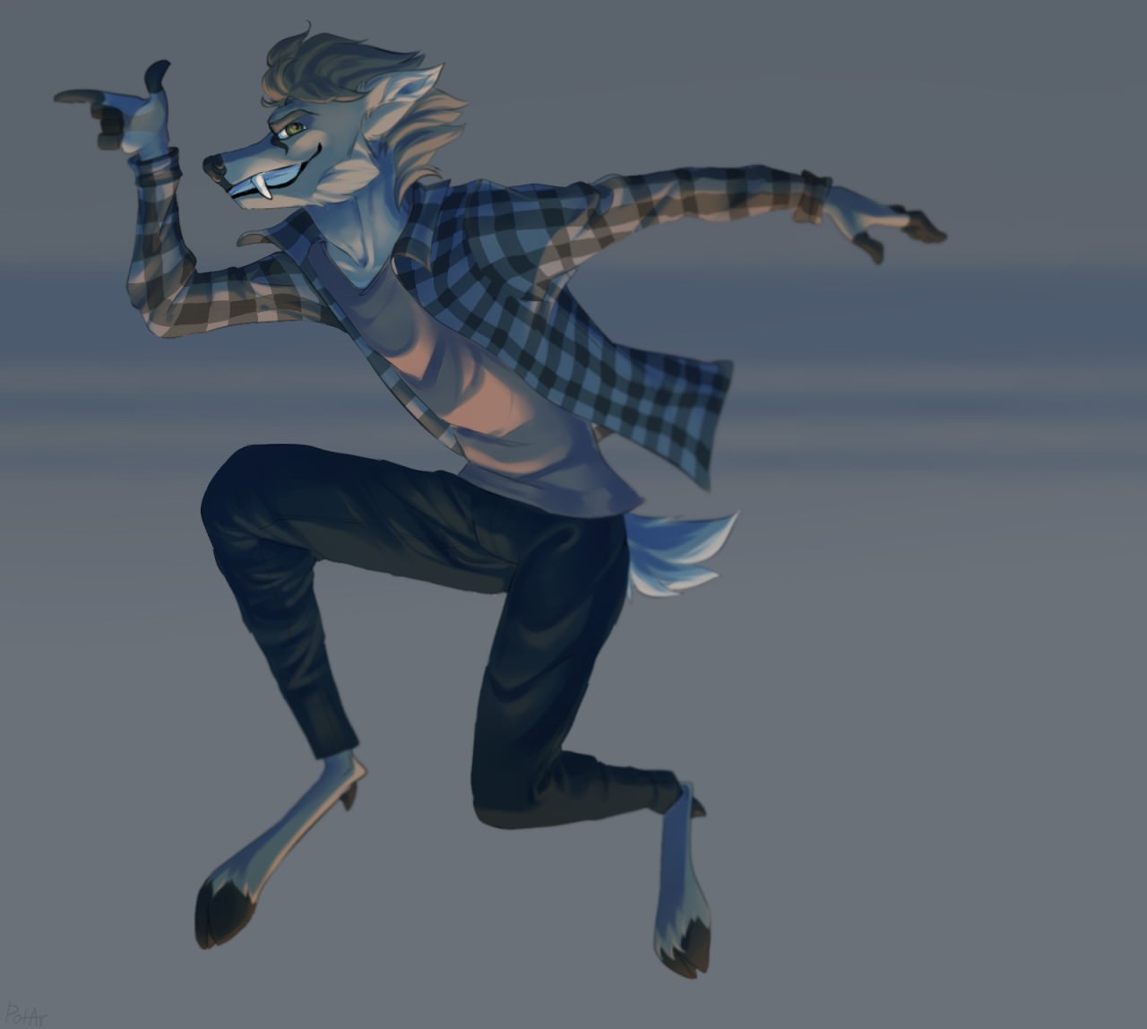 2016 anthro biped black_nose cervine clothed clothing digital_drawing_(artwork) digital_media_(artwork) falling fangs feet finger_guns flannel fully_clothed fur hi_res jumping looking_at_viewer male mammal multicolored_fur open_mouth pants portrait potar running shirt simple_background smile smirk solo standing teeth toes tufted_deer two_tone_fur venison_belevik