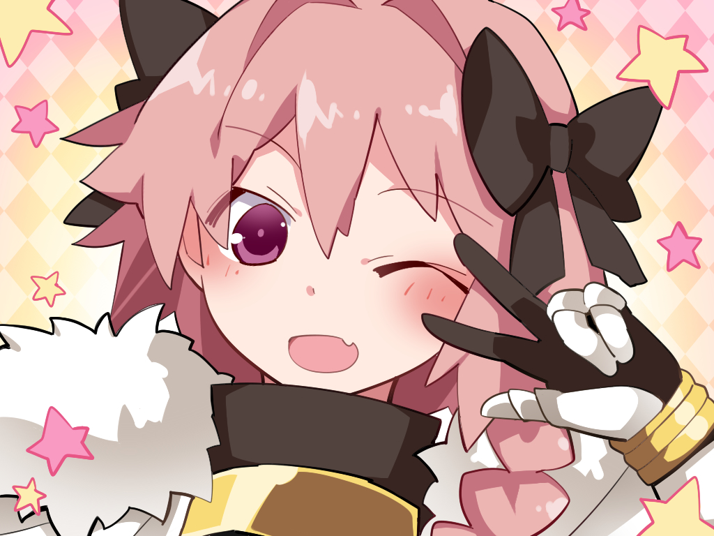 ;d argyle argyle_background astolfo_(fate) bangs blush elbow_gloves fang fate/apocrypha fate_(series) fur_trim gloves gorget hammer_(sunset_beach) male_focus one_eye_closed open_mouth otoko_no_ko pink_hair purple_eyes smile solo star starry_background upper_body w w_over_eye