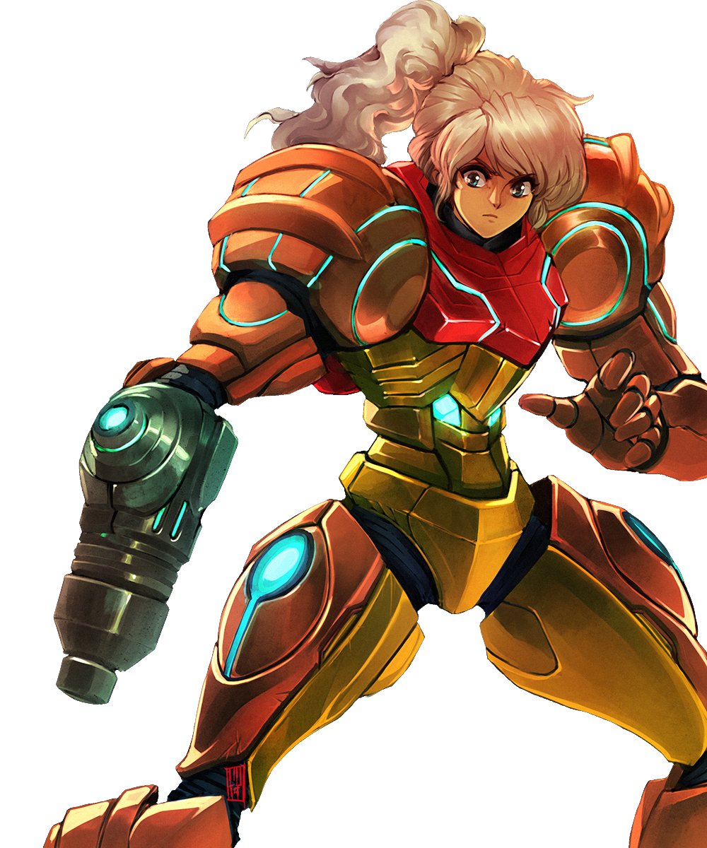 1girl 80s arm_cannon blonde_hair blue_eyes closed_mouth colored cowboy_shot david_liu faux_traditional_media high_ponytail highres metroid nintendo no_headwear no_helmet oldschool ponytail power_armor power_suit samus_aran science_fiction solo standing varia_suit weapon white_background