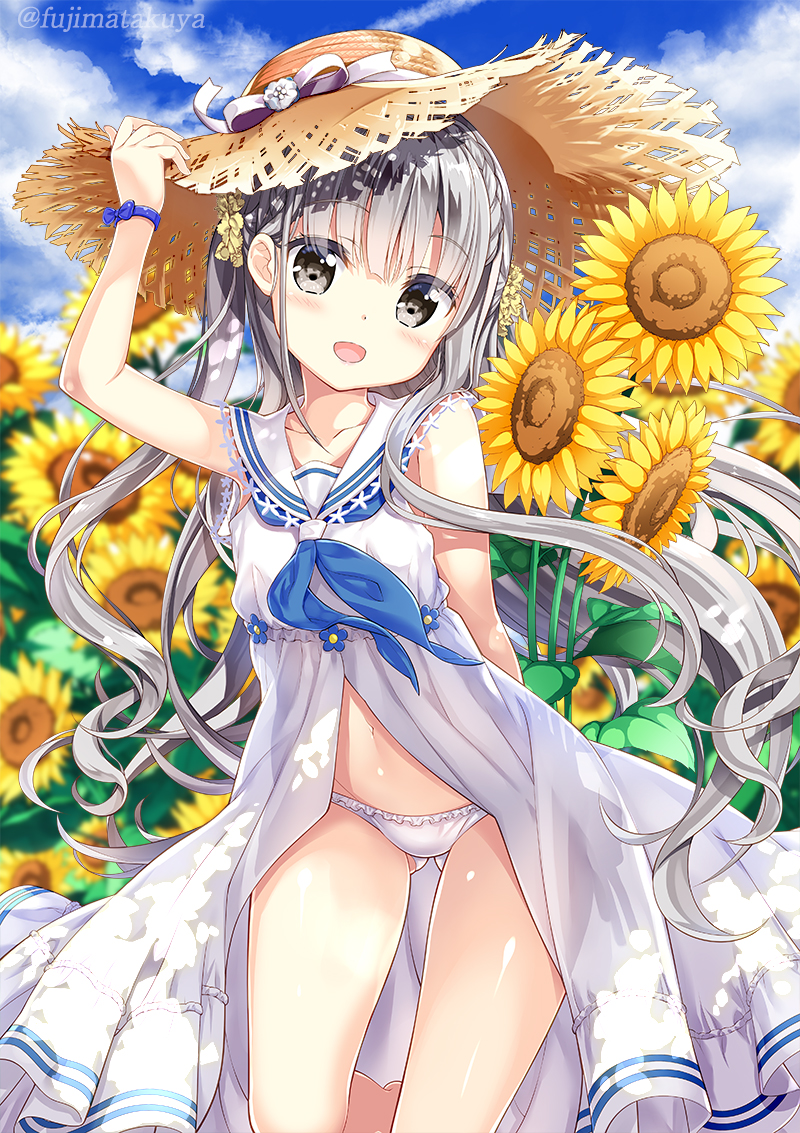 :d arm_up ass_visible_through_thighs bangs blue_neckwear blue_sky blurry blurry_background blush bow brown_eyes cloud cloudy_sky collarbone commentary_request day depth_of_field dress eyebrows_visible_through_hair field flower flower_field frilled_panties frills fujima_takuya groin hair_between_eyes hand_on_headwear hat hat_bow head_tilt long_hair macaron_(fujima_takuya) navel neckerchief open_mouth original outdoors panties partial_commentary sailor_collar sailor_dress silver_hair sky sleeveless sleeveless_dress smile solo straw_hat sunflower twitter_username underwear very_long_hair white_bow white_dress white_frills white_panties white_sailor_collar yellow_flower