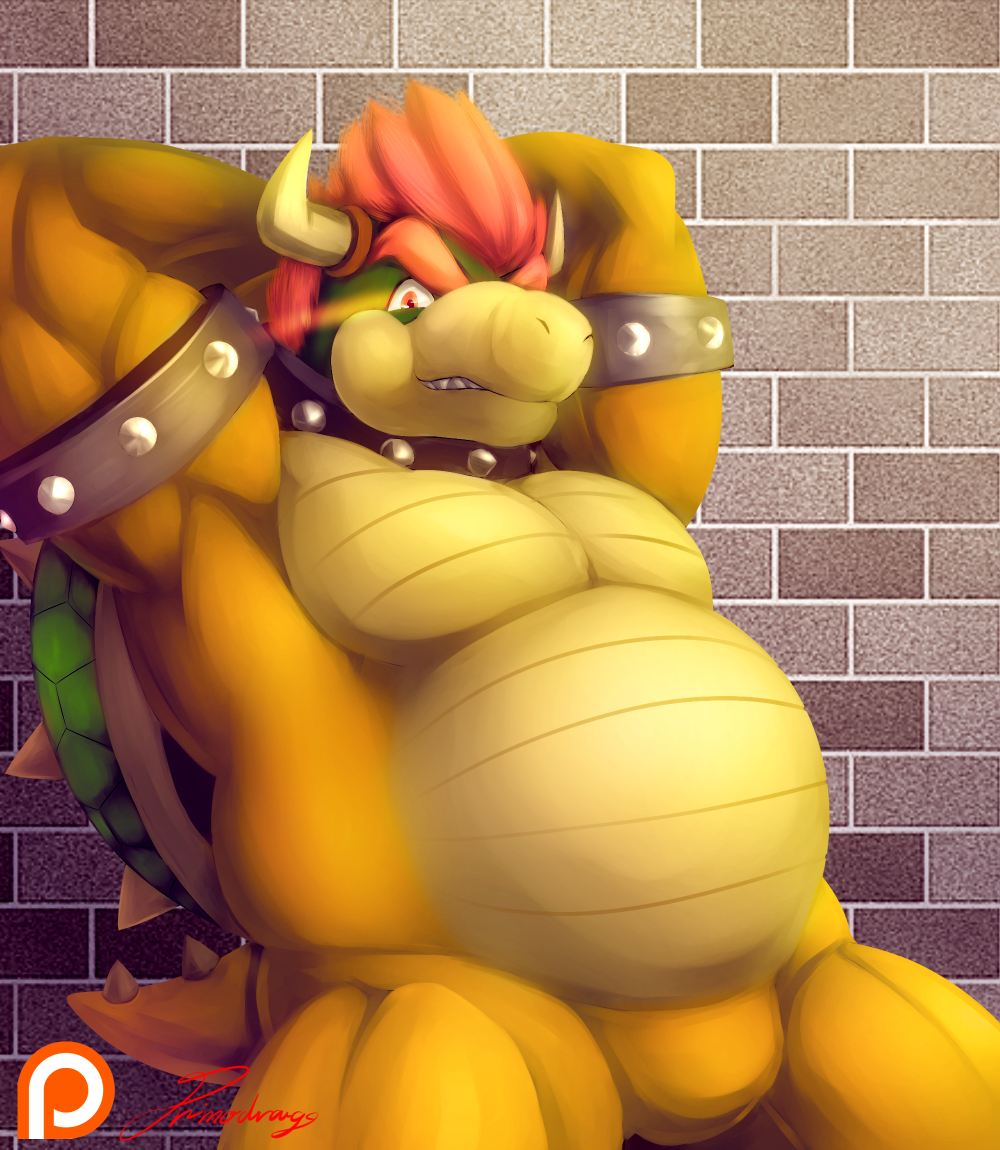 2016 anthro bowser brick_wall collar featureless_crotch hair hands_behind_head horn koopa looking_at_viewer male mario_bros musclegut muscular nintendo nude overweight patreon primodrago red_eyes red_hair scalie signature smile solo spiked_collar spikes standing video_games