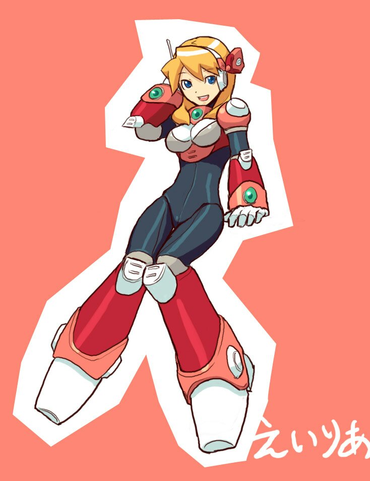 1girl alia alia_(rockman) android arm_support artist_request blonde_hair blue_eyes bodysuit breasts eyebrows_visible_through_hair female framed_breasts full_body gloves headgear headset knees_together_feet_apart long_hair medium_breasts open_mouth simple_background sitting smile solo source_request white_gloves