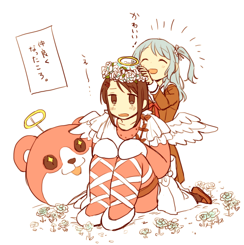2girls :3 :d ^_^ angel_wings animal_costume bang_dream! bear_costume blue_hair blush brown_dress brown_eyes brown_footwear closed_eyes cross-laced_footwear dress fake_halo flower hair_ornament hairclip halo hands_on_own_knees head_wreath knees_up long_hair long_sleeves mascot_costume mascot_head matsubara_kanon michelle_(bang_dream!) multiple_girls neck_ribbon okusawa_misaki one_side_up open_mouth red_neckwear ribbon sailor_dress shoes short_sleeves sidelocks sitting smile translation_request white_footwear white_wings wings yae_(eky_567)