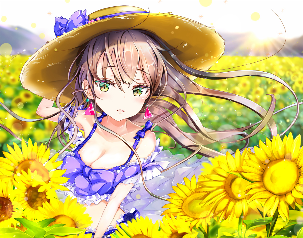 arm_up bangs bare_shoulders blurry blurry_background blush bow breasts brown_hair cleavage collarbone commentary_request day depth_of_field earrings eyebrows_visible_through_hair field flower flower_field green_eyes hair_between_eyes hat hat_bow jewelry keepout long_hair looking_at_viewer medium_breasts original outdoors parted_lips purple_bow see-through solo straw_hat sunflower sunlight very_long_hair yellow_flower