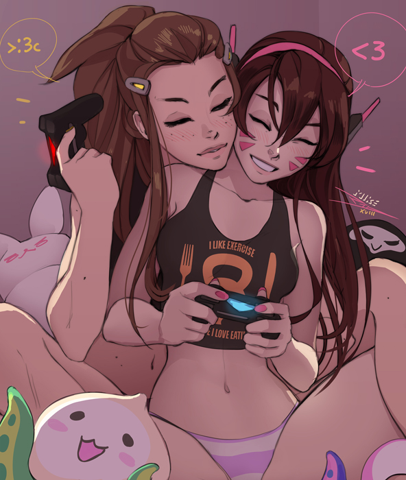 breasts brigitte_(overwatch) brown_hair character_doll chibi chibi_inset closed_eyes commentary controller cosplay costume_switch crop_top d.va_(overwatch) dualshock english_commentary forehead freckles game_console game_controller gamepad grin hair_ornament hairclip head_on_another's_shoulder headphones hug hug_from_behind light_brown_hair lips long_hair midriff mike_nesbitt multiple_girls navel no_pants overwatch pachimari panties playstation_4 ponytail reaper_(overwatch) sidelocks sitting small_breasts smile striped striped_panties stuffed_animal stuffed_bunny stuffed_toy tank_top underwear whisker_markings yuri