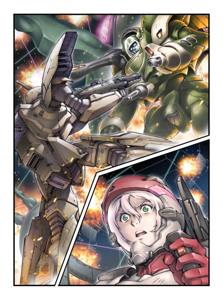 1boy 1girl alien battle chest_cannon cockpit control_stick debris dutch_angle energy_beam energy_cannon energy_gun explosion giant green_eyes gunpod helmet maclone macross mecha mexican_standoff multicolored_hair nousjadeul-ger pilot pilot_suit pink_hair power_armor ray_gun roundel s.m.s. scared science_fiction shoulder_cannon space space_craft surprised sweat turret variable_fighter vf-19 weapon white_hair zentradi