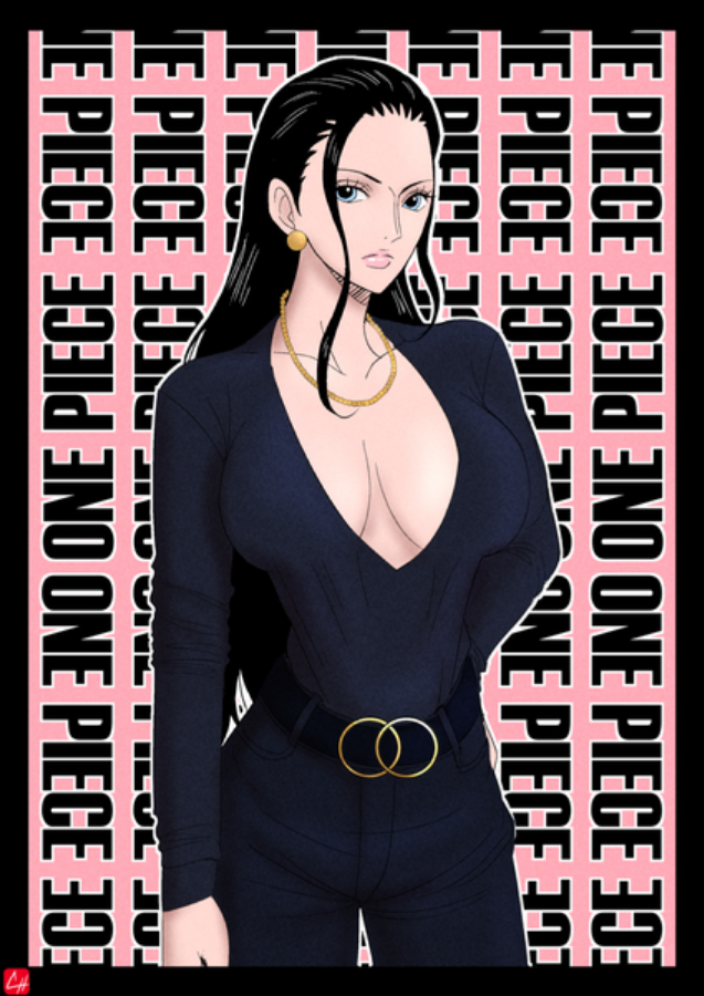 1girl belt black_hair blue_eyes breasts curvy earring jewelry large_breasts long_hair necklace nico_robin one_piece solo