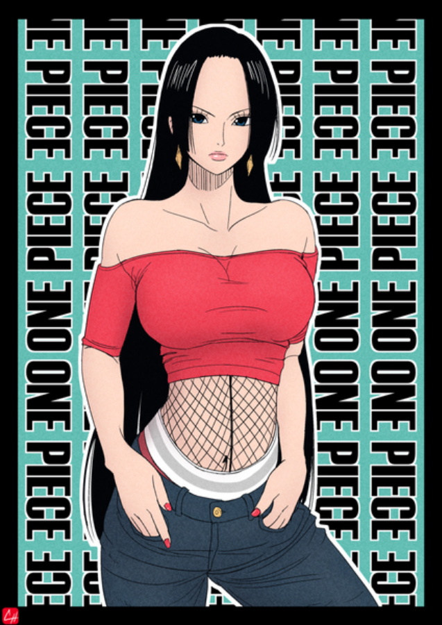 1girl black_hair blue_eyes boa_hancock breasts denim earring hands_in_pockets large_breasts long_hair nail_polish navel one_piece red_nails solo stomach