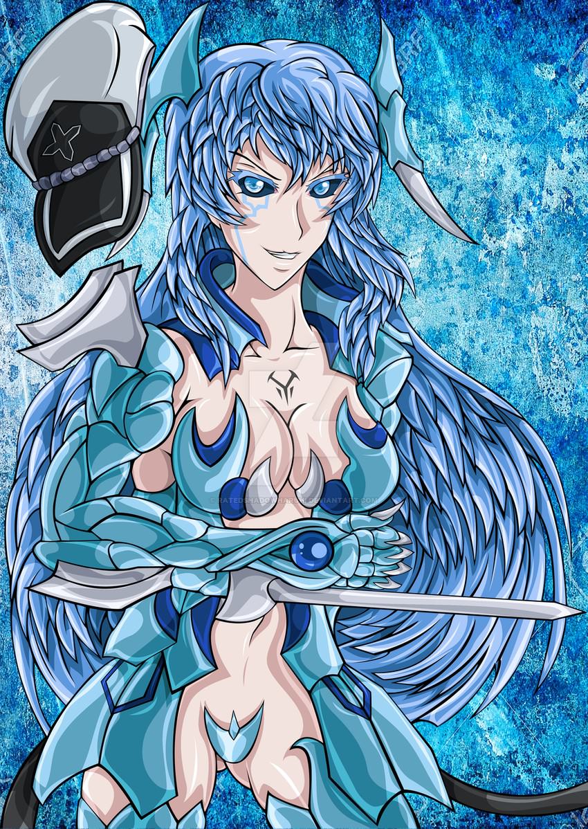 1girl akame_ga_kill! antenna_hair arm_blade armor bikini_armor black_sclera blade blue_eyes blue_hair breasts claws cleavage crossover dark_sclera esdeath hat large_breasts long_hair looking_at_viewer ratedshadowharuhi sadism smile solo solo_focus very_long_hair weapon witchblade