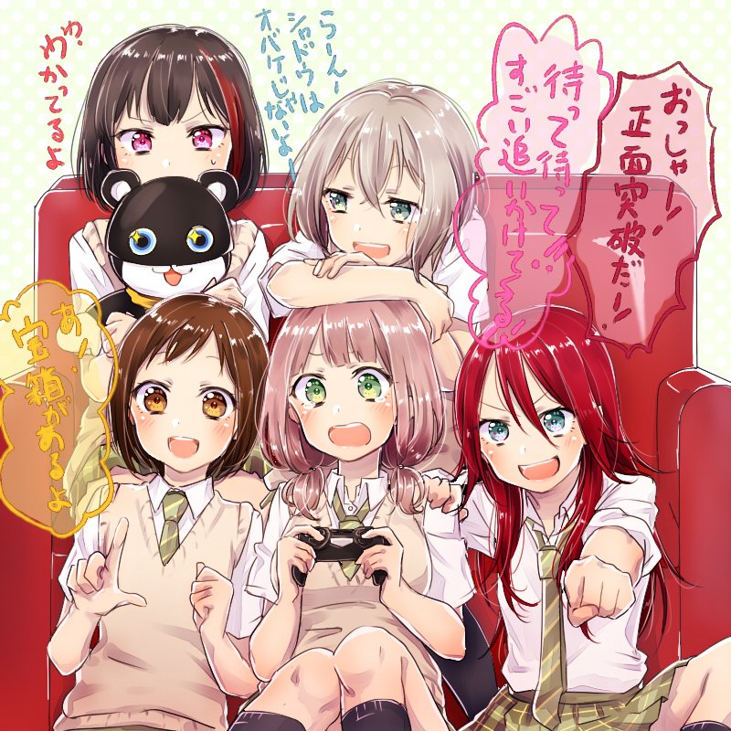 5girls :3 :d :o afterglow_(bang_dream!) aoba_moka bang_dream! bangs black_hair blue_eyes bob_cut brown_eyes brown_hair clenched_hand collared_shirt commentary_request controller couch doll doll_hug game_controller green_eyes green_neckwear green_skirt grey_hair hair_between_eyes hand_on_another's_shoulder haneoka_school_uniform hazawa_tsugumi holding holding_doll index_finger_raised leaning_on_person long_hair low_twintails miniskirt mitake_ran muchise multicolored_hair multiple_girls necktie open_mouth outstretched_hand pink_hair plaid plaid_skirt playing_games pleated_skirt purple_eyes red_hair round_teeth school_uniform shirt short_hair short_sleeves short_twintails sitting skirt sleeves_rolled_up smile streaked_hair striped striped_neckwear sweatdrop sweater_vest teeth translation_request twintails udagawa_tomoe uehara_himari upper_teeth white_shirt