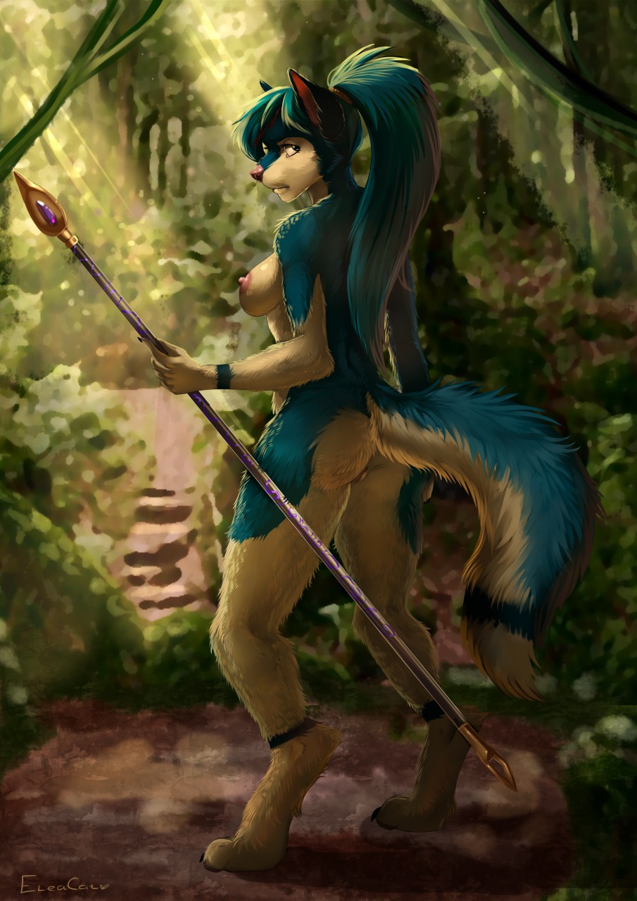 2019 anthro areola blue_fur blue_hair breasts canid canine canis casual_nudity detailed_background digital_media_(artwork) domestic_dog eleacat female fur hair hi_res holding_object holding_weapon jungle looking_back mammal melee_weapon nipples nude outside polearm pussy solo spear standing tribal weapon