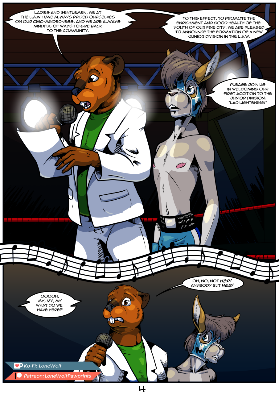 2018 advertisement age_difference anthro beaver buckteeth clothed clothing comic cub dialogue digital_media_(artwork) duo english_text fighting_ring hair hi_res kangaroo ko-fi legwear levi_west lights lonewolf_(343) male mammal marsupial microphone music nipples patreon rodent size_difference skinny speech_bubble teenager teeth text tights topless wrestling young