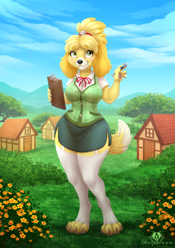 2019 4_toes animal_crossing anthro big_breasts breasts canid canine canis clipboard clothed clothing detailed_background digital_media_(artwork) dipstick_tail dolphydolphiana domestic_dog female grass holding_object isabelle_(animal_crossing) mammal multicolored_tail nintendo outside shih_tzu skirt smile solo toes video_games wide_hips