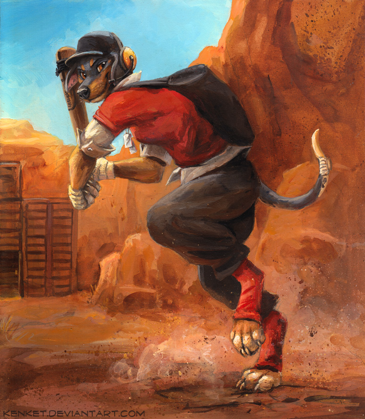 2014 4_toes anthro baseball_bat black_nose canine claws clothed clothing dog fully_clothed gloves hat kenket mammal outside pants scout_(team_fortress_2) sky solo team_fortress_2 toe_claws toes valve video_games