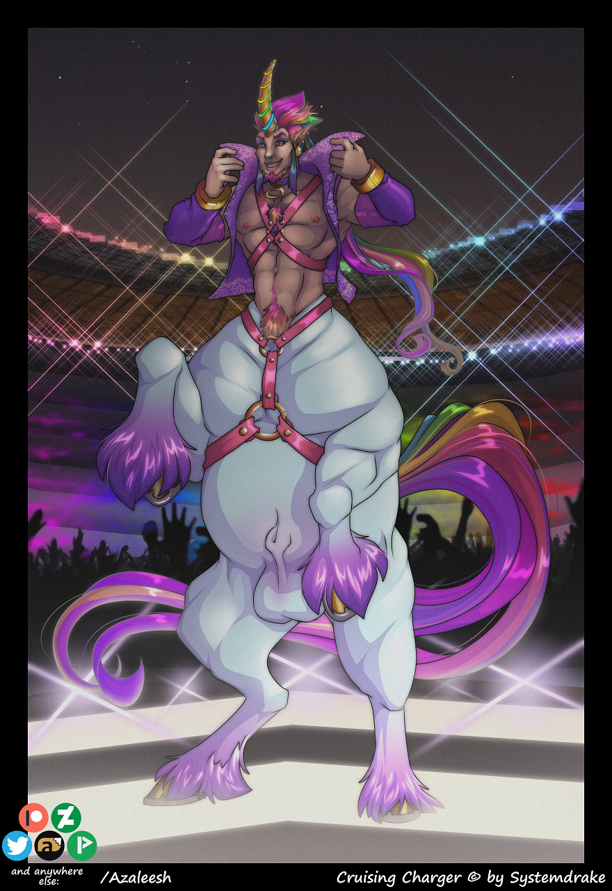 ambiguous_gender animal_genitalia azaleesh balls big_balls centaur clothed clothing cruising_charger equine equine_taur fully_sheathed group hair harness hooves horn horseshoe male male_focus mammal multicolored_hair multicolored_tail on_hind_legs party rainbow_hair rainbow_tail sheath solo_focus taur unicorn
