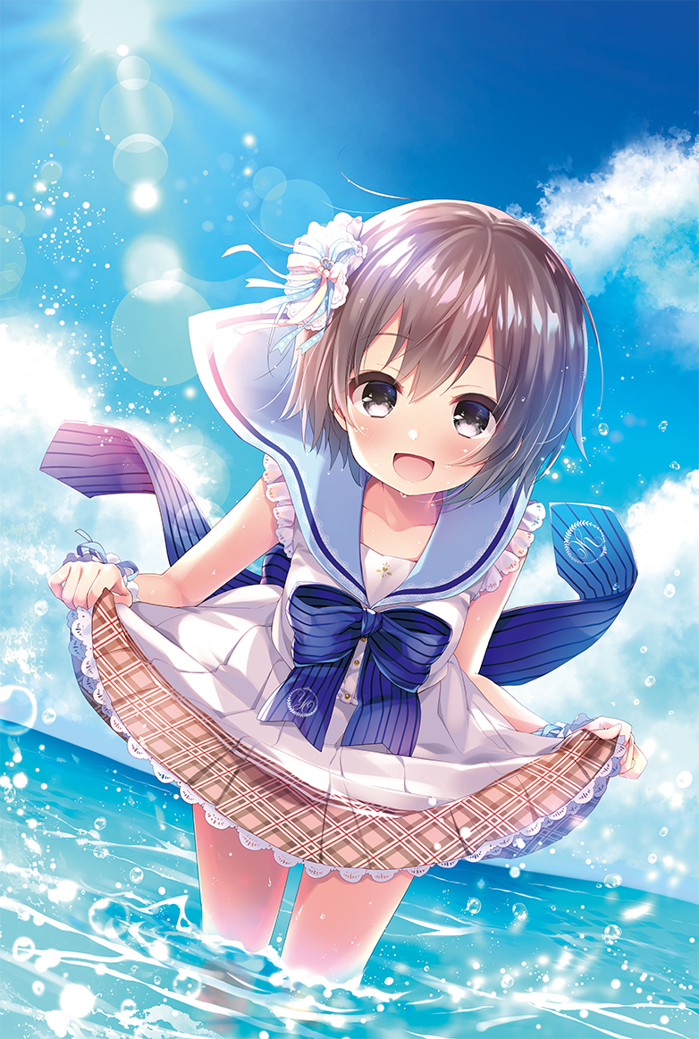 :d bangs bare_arms blue_bow blue_ribbon blue_sky blush bow brown_hair cloud collarbone commentary_request day dress dutch_angle eyebrows_visible_through_hair fummy grey_eyes hair_between_eyes hair_ornament hair_ribbon horizon idolmaster idolmaster_cinderella_girls idolmaster_cinderella_girls_starlight_stage lace lace-trimmed_dress leaning_forward lens_flare light_rays looking_at_viewer ocean open_mouth otokura_yuuki outdoors pink_ribbon ribbon shiny shiny_hair short_dress short_hair skirt_hold sky sleeveless sleeveless_dress smile solo standing striped striped_bow wading water_drop white_dress wrist_ribbon
