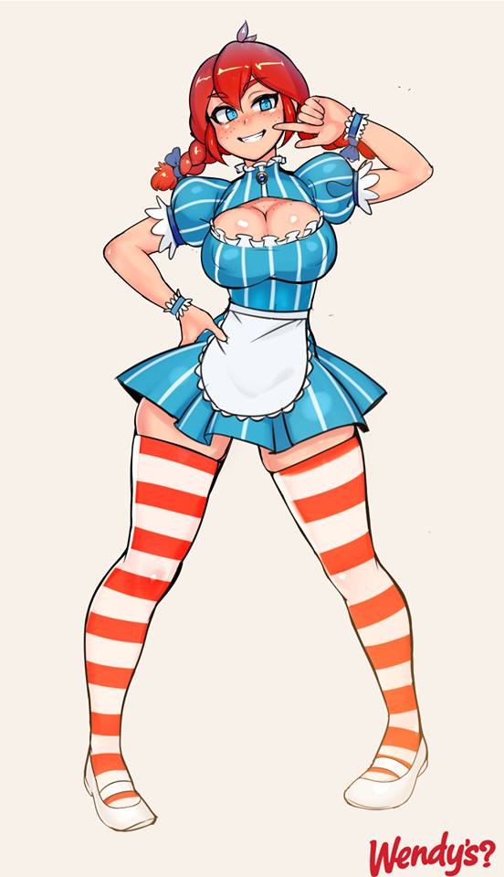 1girl apron blue_eyes blush breasts cleavage curvy dress freckles full_body hand_on_waist large_breasts pose red_hair shoes smile socks solo striped striped_dress striped_legwear teeth thick_thighs thighs twintails wendy's wendy_(wendy's) white_shoes