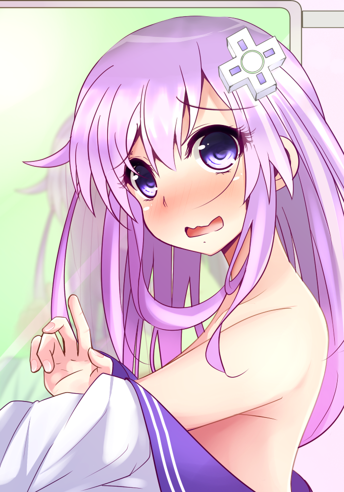 bare_shoulders blush d-pad d-pad_hair_ornament hair_ornament long_hair looking_at_viewer mirror nepgear neptune_(series) open_mouth purple_eyes purple_hair reflection solo undressing warabi_mochi_(ehimedaisuki) wavy_mouth