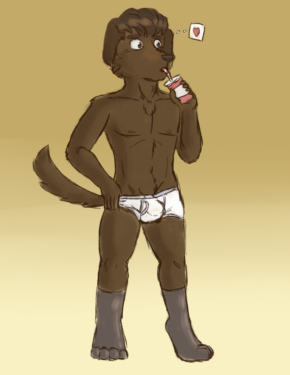 &lt;3 anthro beverage brown_fur brown_hair brown_nose bulge canine clothing dog drinking fur gradient_background hair legwear male mammal one_tone_fur prunuscerasus_(artist) simple_background soda standing thought_bubble underwear