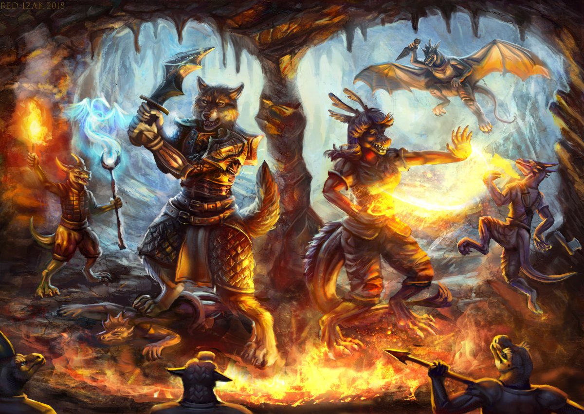 2018 anthro armor blue_eyes canine cave desaia digital_media_(artwork) dragon dungeons_&amp;_dragons fight fire fireball kobold magic magic_user male mammal rakan red-izak scar were werewolf wolf