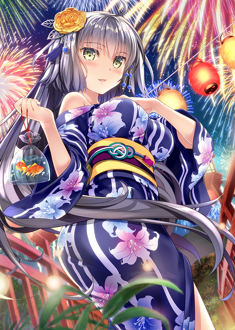 aerial_fireworks ahoge alternate_hair_length alternate_hairstyle animal bag bagged_fish bangs blue_kimono blurry blurry_foreground blush breasts commentary_request depth_of_field eyebrows_visible_through_hair fate/grand_order fate_(series) fireworks fish floral_print flower from_below fujima_takuya goldfish hair_between_eyes hair_flower hair_ornament hand_on_own_chest hands_up holding japanese_clothes jeanne_d'arc_(alter)_(fate) jeanne_d'arc_(fate)_(all) kimono lantern large_breasts long_hair long_sleeves looking_at_viewer looking_down night night_sky obi off_shoulder outdoors paper_lantern parted_lips print_kimono rose sash silver_hair sky smile solo star_(sky) starry_sky summer_festival very_long_hair water wide_sleeves yellow_eyes yellow_flower yellow_rose yukata