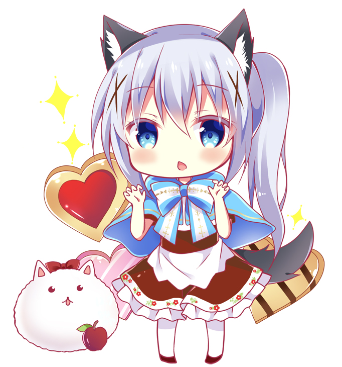 1girl angora_rabbit animal animal_ear_fluff animal_ears apple bangs bitter_crown black_skin blue_bow blue_capelet blue_eyes blue_hair blush bow bunny capelet chestnut_mouth chibi claw_pose commentary_request cookie eyebrows_visible_through_hair food frilled_skirt frills fruit full_body gochuumon_wa_usagi_desu_ka? hair_between_eyes hair_ornament hands_up heart kafuu_chino kemonomimi_mode long_hair pantyhose parted_lips red_apple shirt side_ponytail skirt sparkle standing striped striped_bow tail tippy_(gochiusa) very_long_hair white_background white_legwear white_shirt wolf_ears wolf_girl wolf_tail x_hair_ornament